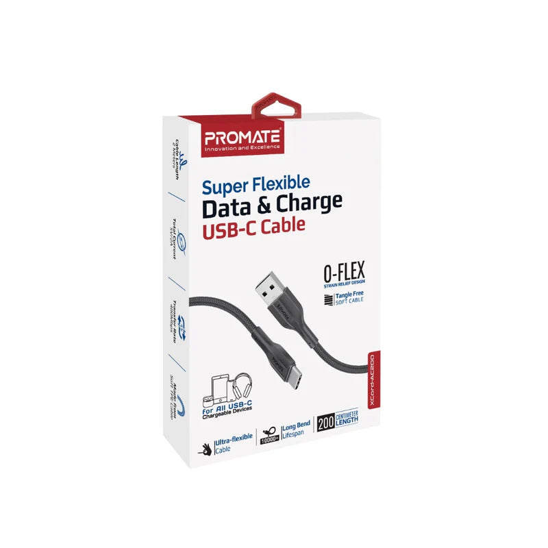 كابل  PROMATE xCord-AC200 فائق مرن بيانات والشحن كابل  2 متر  480 ميجابت في الثانية / يو اس بي/ يو اس بي/ أسود