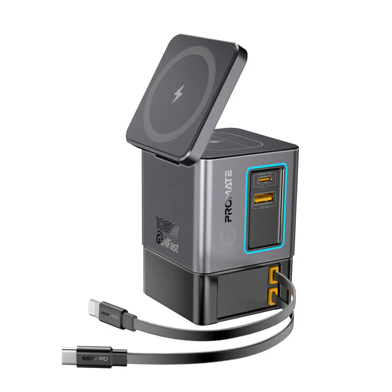 محطةلاسلكي منفذ  PROMATE PowerSync-105 GaNFast مع  كبلات مزدوج  كبلات  105 واط / أسود