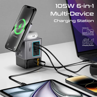 محطةلاسلكي منفذ  PROMATE PowerSync-105 GaNFast مع  كبلات مزدوج  كبلات  105 واط / أسود