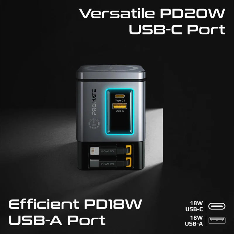 محطةلاسلكي منفذ  PROMATE PowerSync-105 GaNFast مع  كبلات مزدوج  كبلات  105 واط / أسود