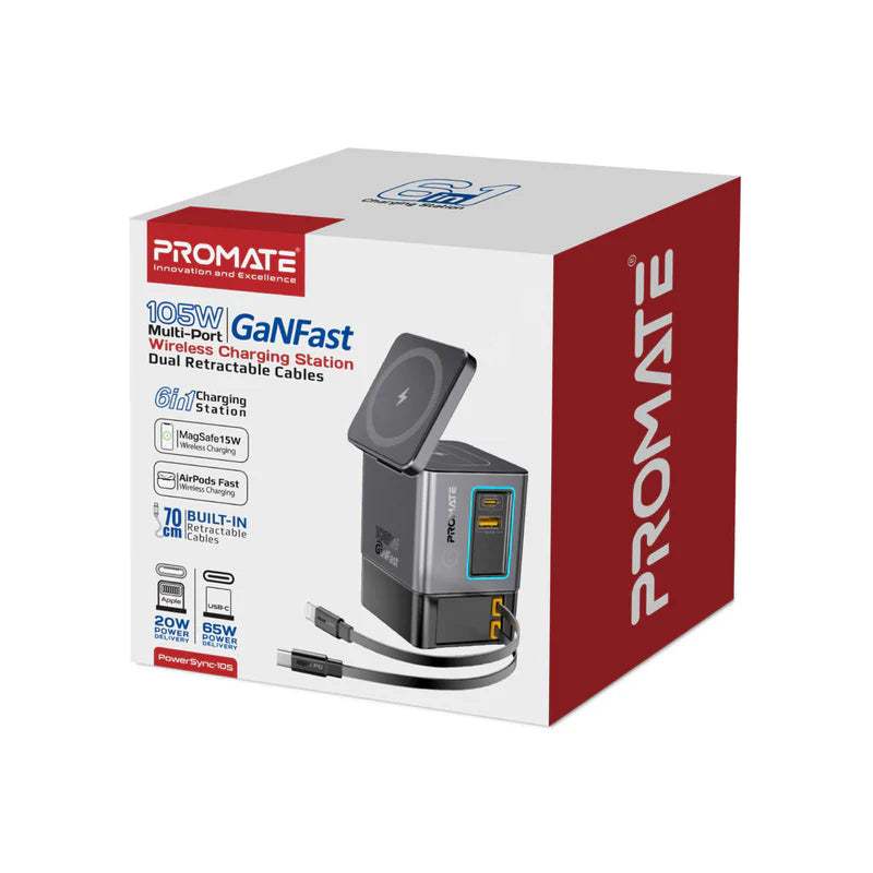 محطةلاسلكي منفذ  PROMATE PowerSync-105 GaNFast مع  كبلات مزدوج  كبلات  105 واط / أسود