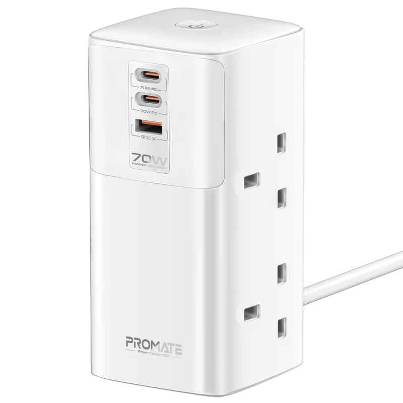 PROMATE PowerTower-70W Multi-Port Charging Station with Quad AC Sockets - 70W / White