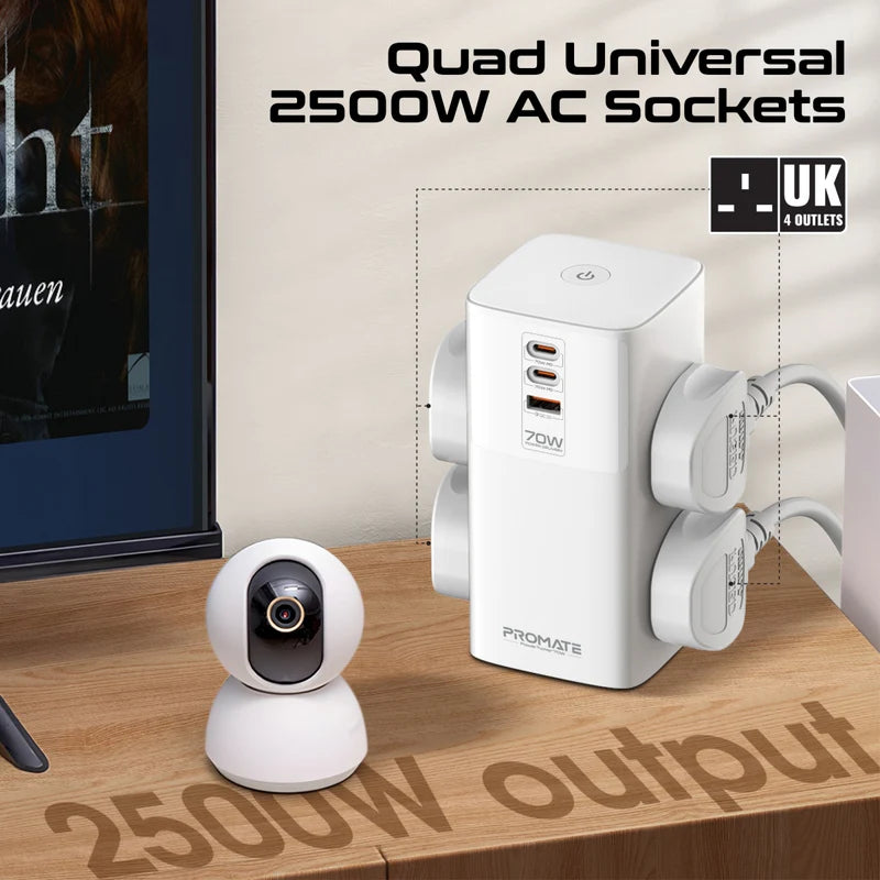 PROMATE PowerTower-70W Multi-Port Charging Station with Quad AC Sockets - 70W / White