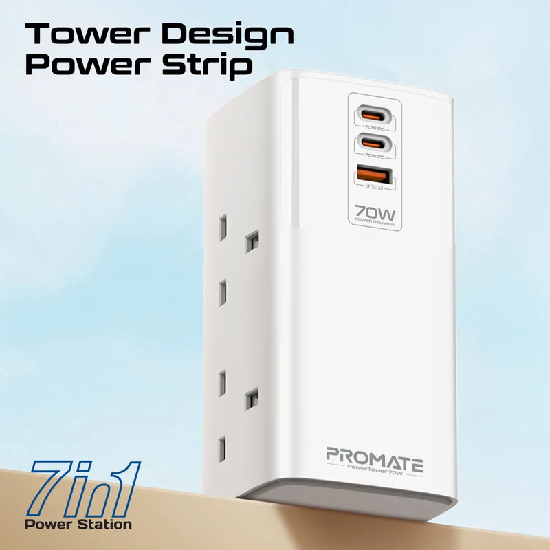 PROMATE PowerTower-70W Multi-Port Charging Station with Quad AC Sockets - 70W / White