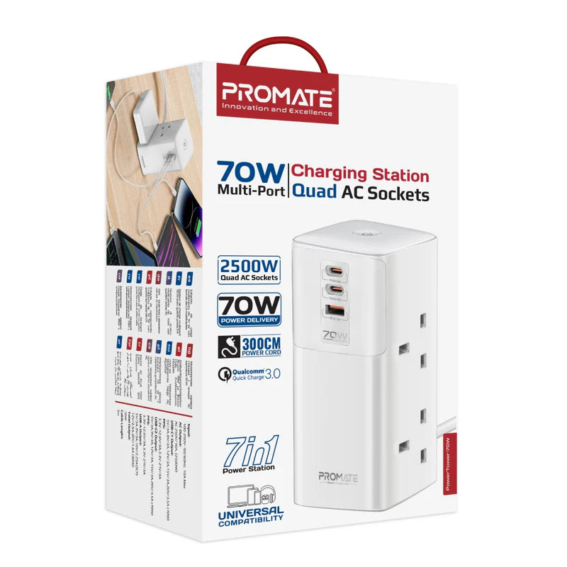 PROMATE PowerTower-70W Multi-Port Charging Station with Quad AC Sockets - 70W / White