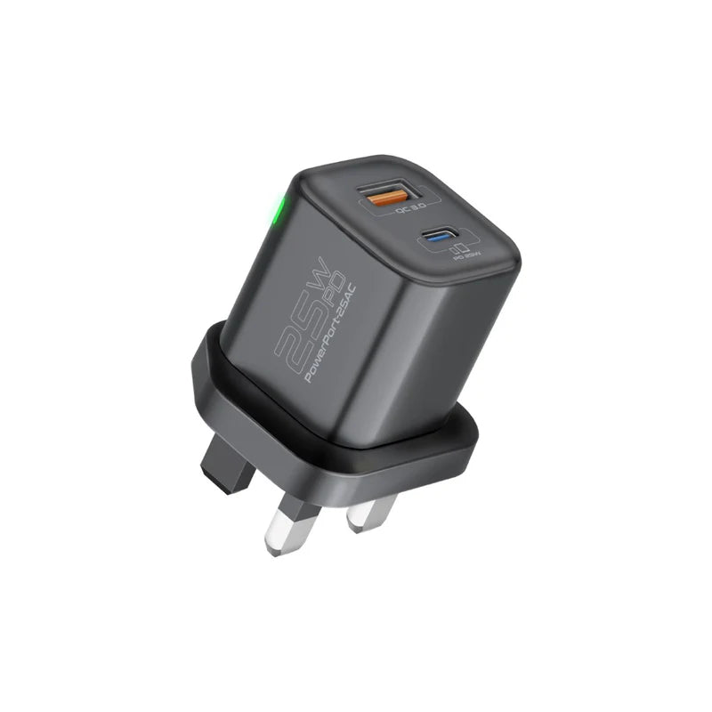 PROMATE PowerUp-Trio Ultra-Compact Fast Charging Power Bank - 20W / USB-C / Lightning / Black + PROMATE PowerPort-25AC Power Delivery Ultra-Fast Dual Port AC Charger - 25W / USB-C / USB-A / Black - Bundle Offer