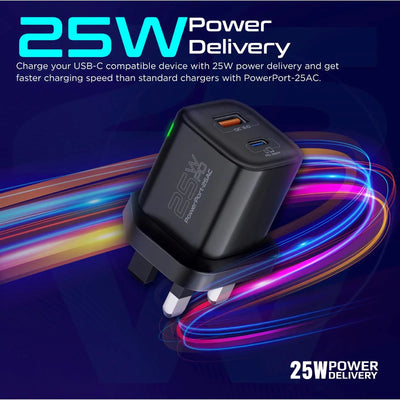 PROMATE PowerPort-25AC Power Delivery Ultra-Fast Dual Port AC Charger - 25W / USB-C / USB-A / Black