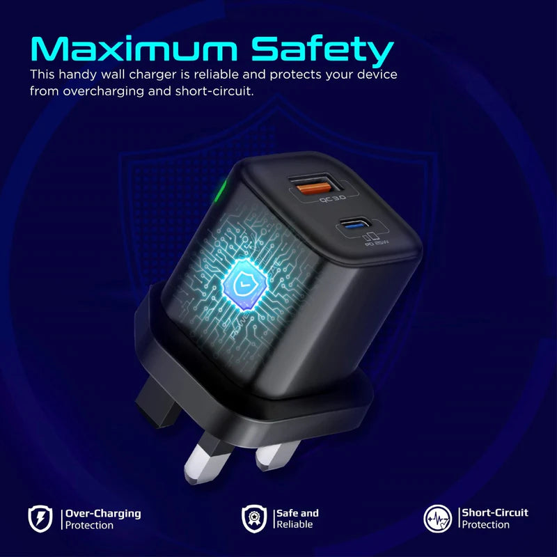 PROMATE PowerPort-25AC شاحن مزدوج منفذ توصيل سريع  شاحن  25 واط / يو اس بي/ يو اس بي/ أسود