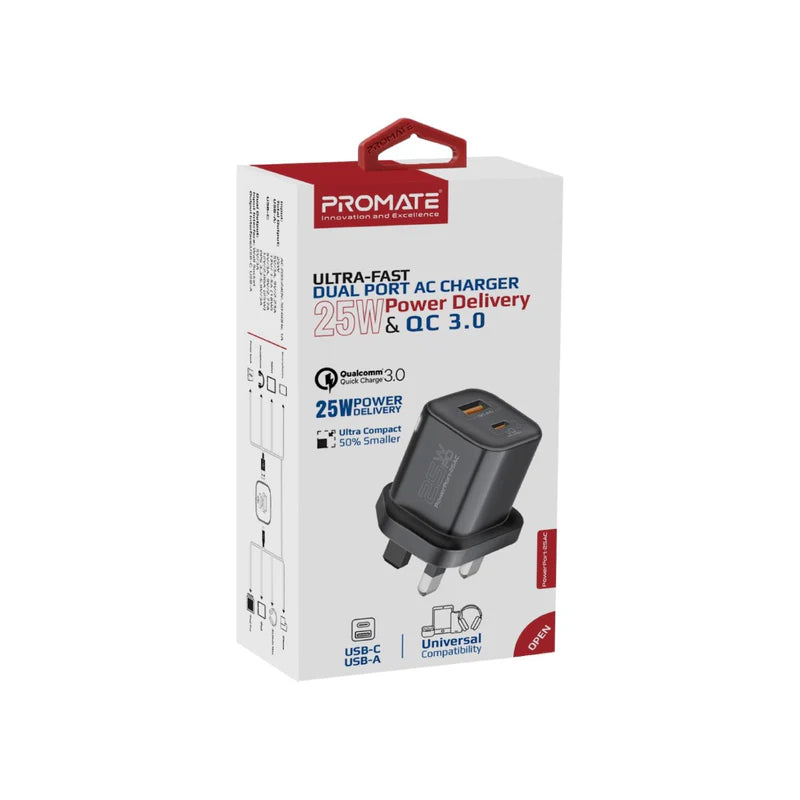 PROMATE PowerPort-25AC شاحن مزدوج منفذ توصيل سريع  شاحن  25 واط / يو اس بي/ يو اس بي/ أسود