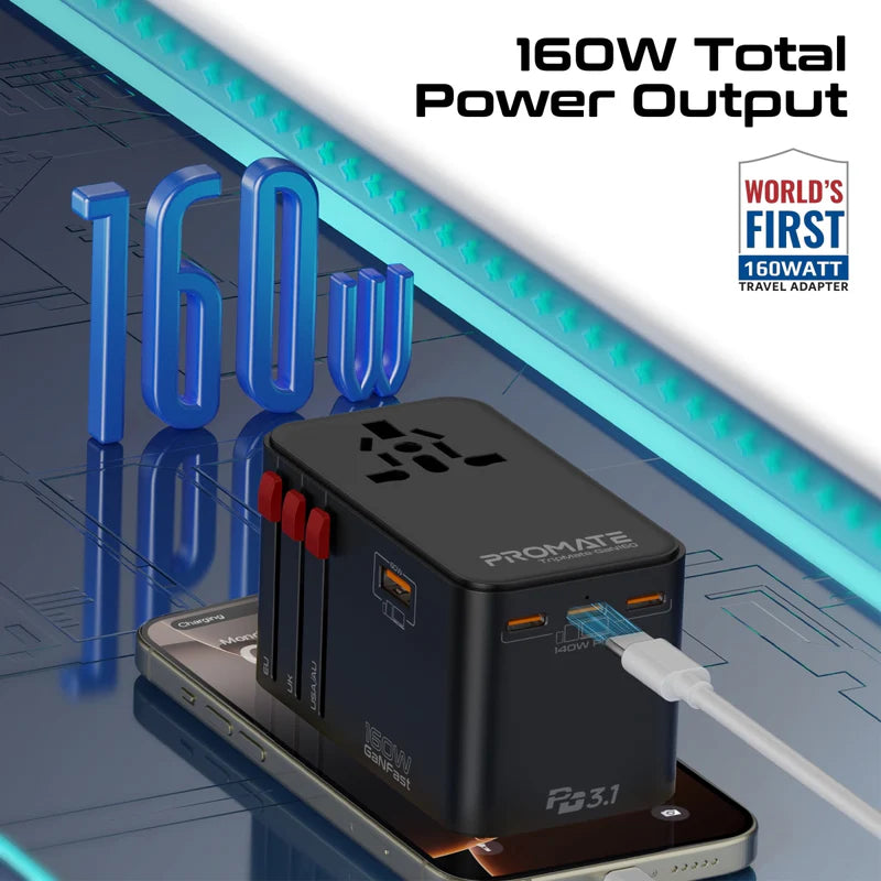 محول  السفر العالمي PROMATE TripMate-GaN160 GaNFast محول  160 واط / يو اس بي/ يو اس بي/ أسود