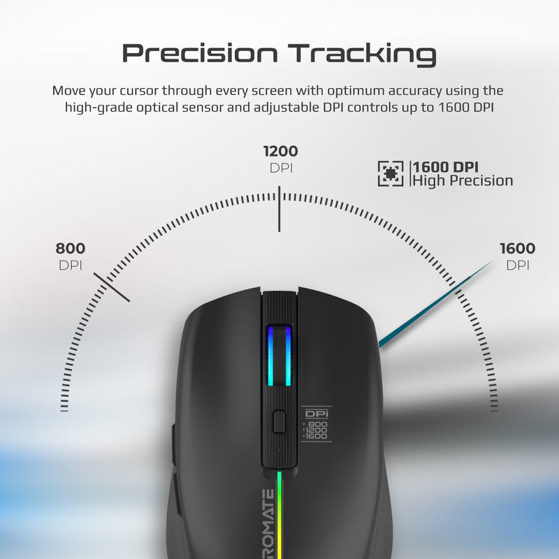 PROMATE Kitt Wireless Ergonomic Optical Mouse with LED Rainbow Lights - 2.4Ghz / Black
