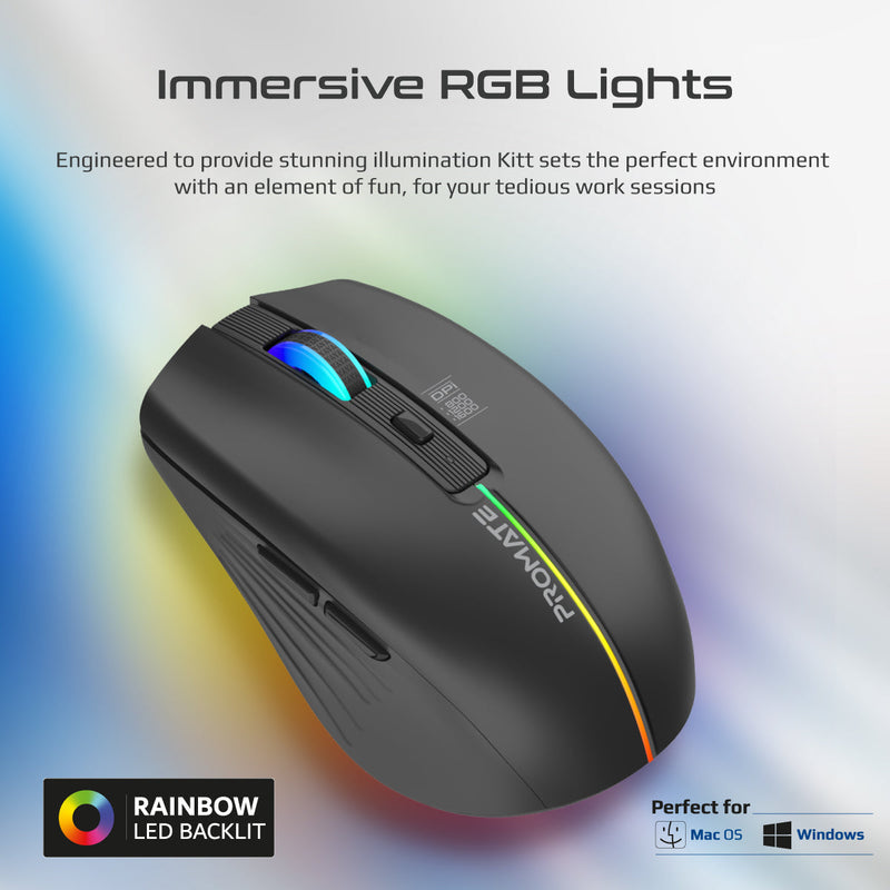 PROMATE Kitt Wireless Ergonomic Optical Mouse with LED Rainbow Lights - 2.4Ghz / Black