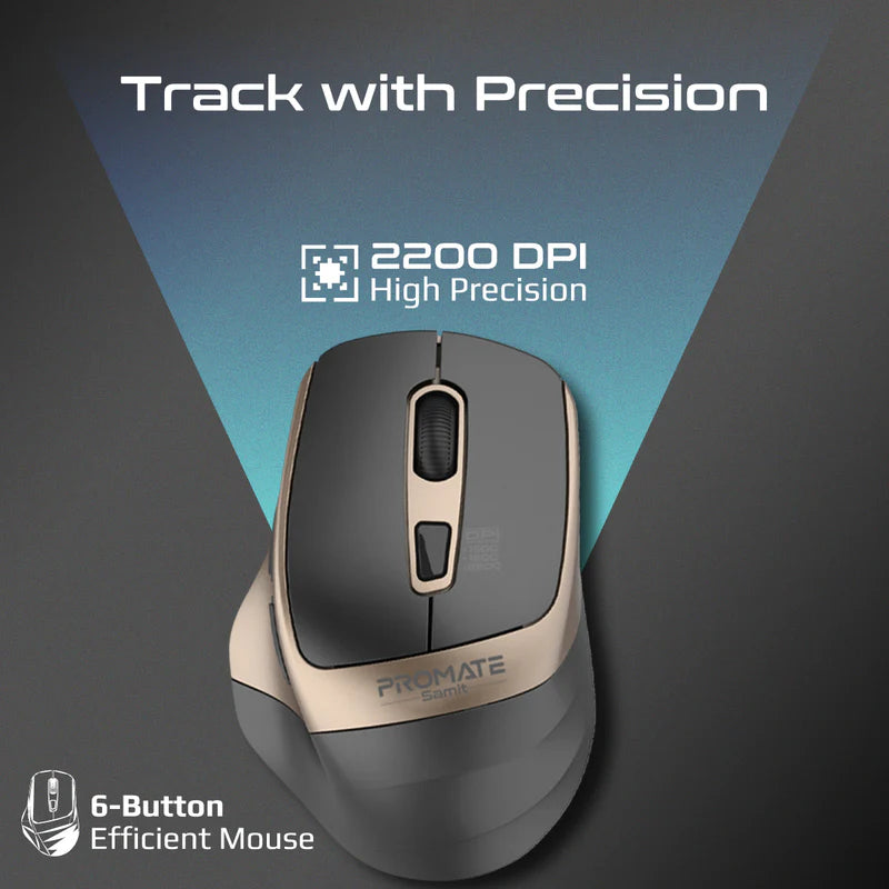 PROMATE Samit Ergonomic Silent Click Wireless Mouse - 2200dpi / Gold
