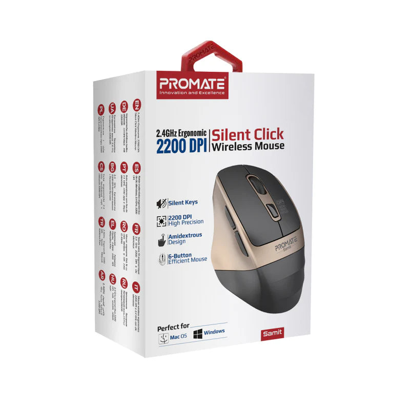 PROMATE Samit Ergonomic Silent Click Wireless Mouse - 2200dpi / Gold