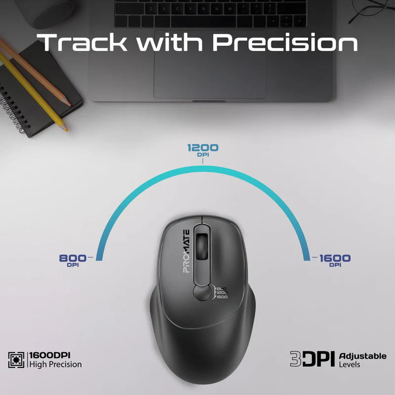 PROMATE UniGlide EZGrip Ergonomic Wireless Mouse - 1600dpi / Black