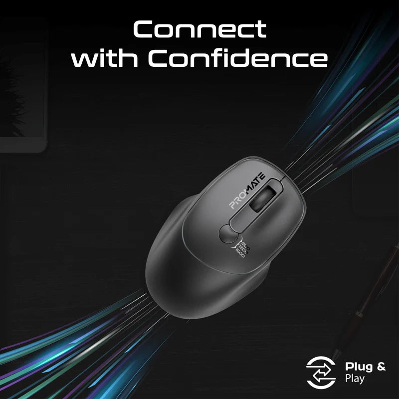 PROMATE UniGlide EZGrip Ergonomic Wireless Mouse - 1600dpi / Black