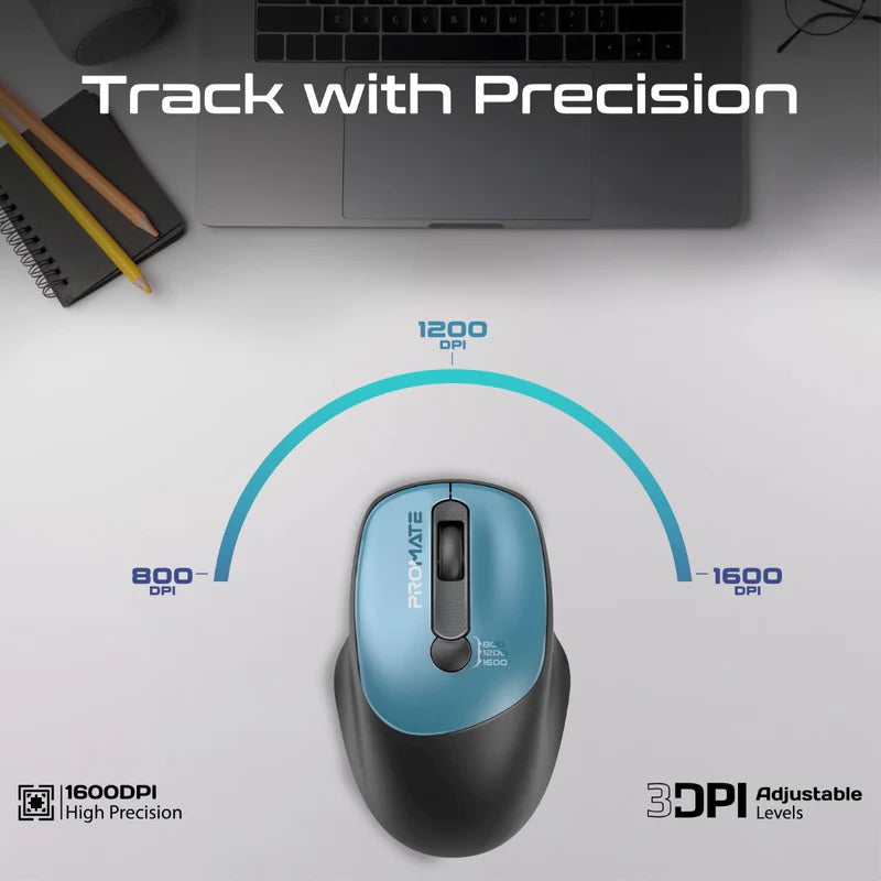 PROMATE UniGlide EZGrip Ergonomic Wireless Mouse - 1600dpi / Blue