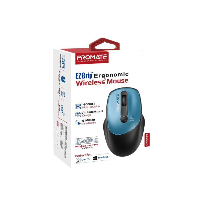 PROMATE UniGlide EZGrip Ergonomic Wireless Mouse - 1600dpi / Blue