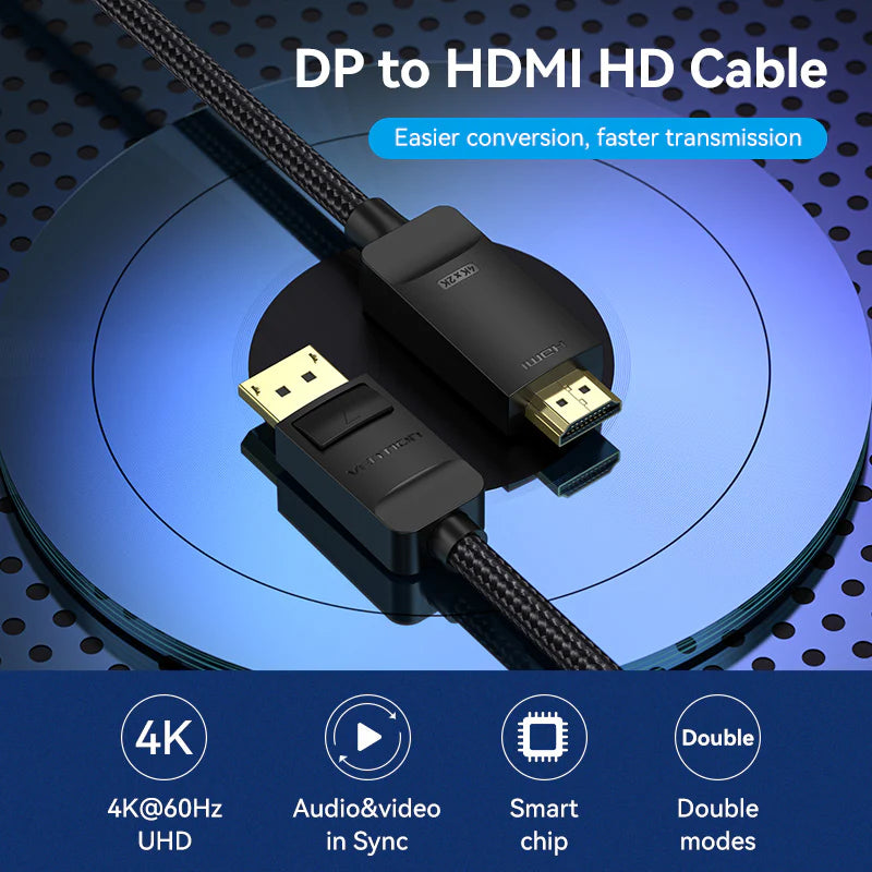 Vention Cotton Braided HDMI Male To DisplayPort Male Cable - 4K / 1.5 Meter / Black