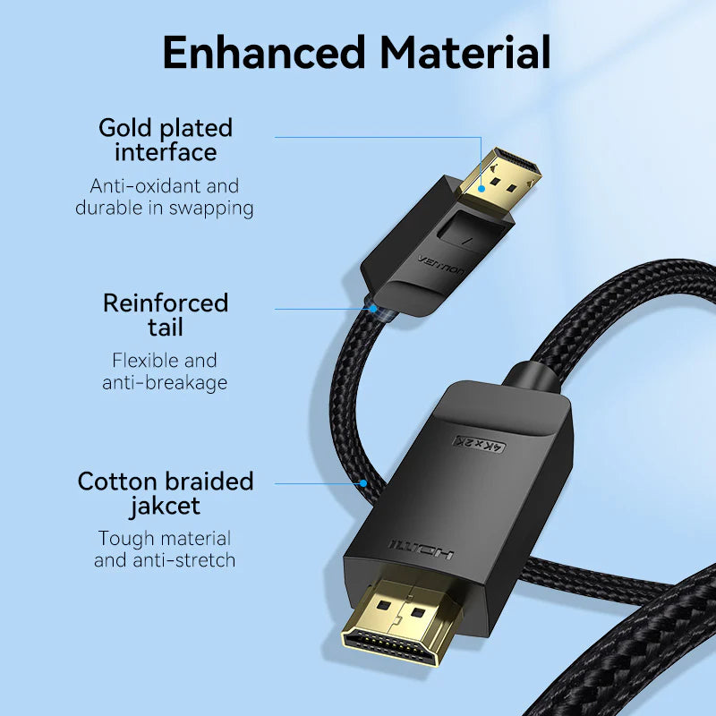 Vention Cotton Braided HDMI Male To DisplayPort Male Cable - 4K / 1.5 Meter / Black