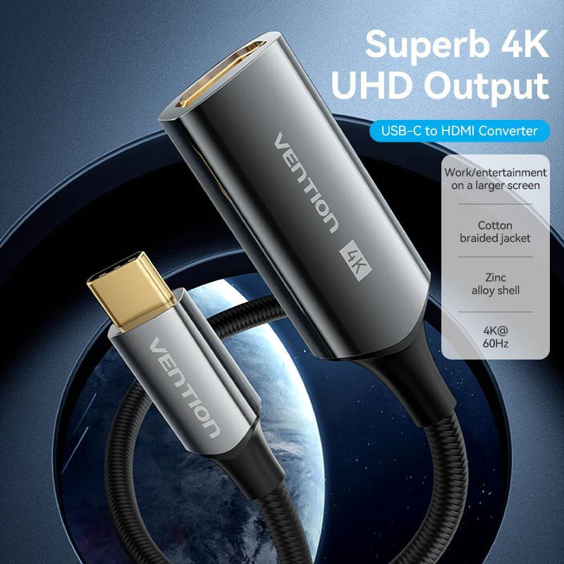 Vention Cotton Braided يو اس بي إلى إتش دي إم أي  محول  0.25 متر  أسود