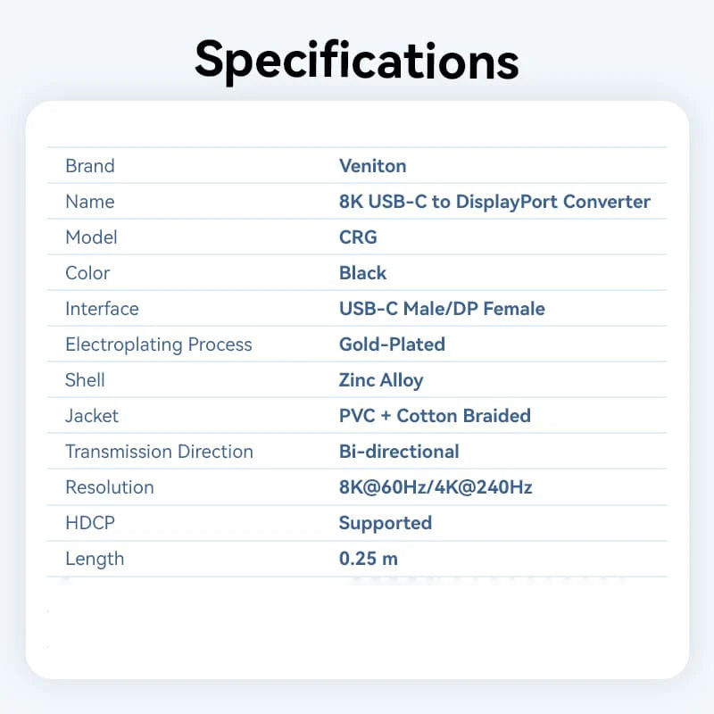 Vention Cotton Braided يو اس بي إلى منفذ العرض محول  8K / 0.25 متر  أسود