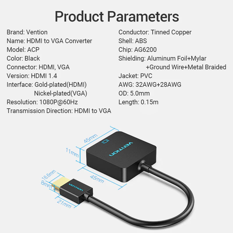 Vention إتش دي إم أي إلى في جي إيه فيديو - 1080P / 0.15 متر  أسود