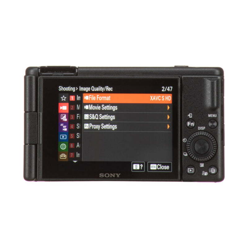 كاميرا  سوني ZV-1F المخصصة للمدونات المرئية كاميرا  شاشة LCD مقاس 3 بوصات / دقة 4K UHD / واي-فاي  بلوتوث  إتش دي إم أي  يو اس بي  أسود