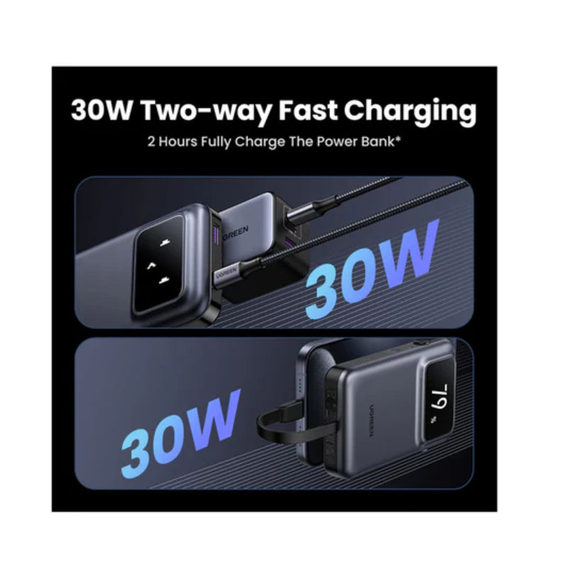 UGREEN Power Bank with Built-in Cable - 10,000mAh / USB-C / USB-A / Grey