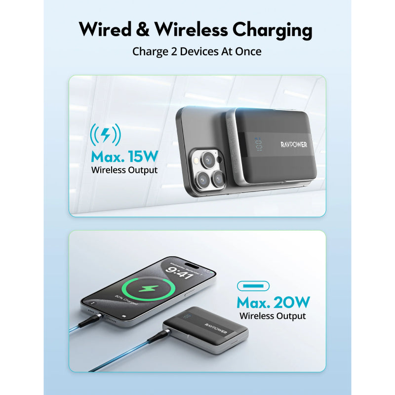 RAVPower RP-PB1217 PD Pioneer -طاقة لاسلكي  - 10000 مللي أمبير / 15 واط / يو اس بي/ أسود
