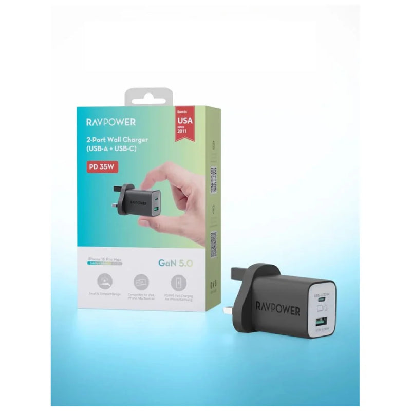 شاحن حائط  RAVPower Pioneerمنفذ شاحن  35 واط / يو اس بي/ يو اس بي/ أسود