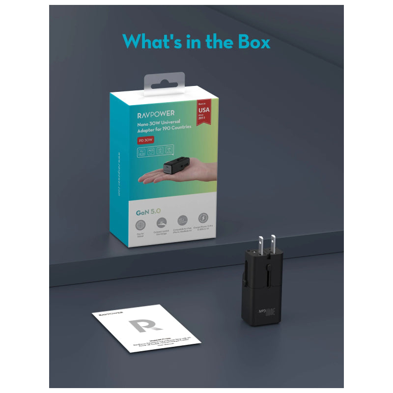 محول  ميني RAVPower Super ميني  محول  30 واط / يو اس بي/ أسود