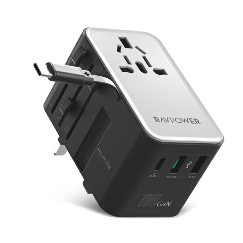 شاحن  RAVPower GaN Travelمع كابل  70 واط / يو اس بي/ يو اس بي/ أسود