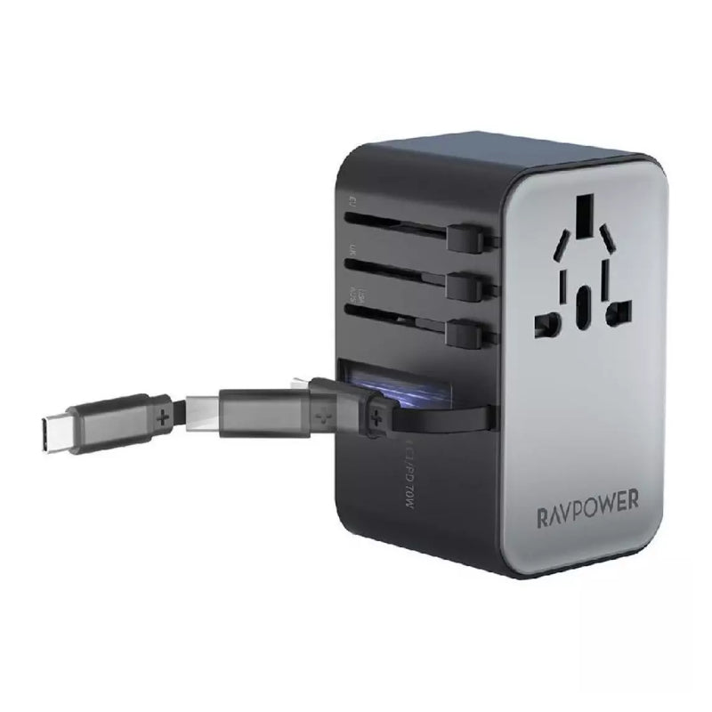 شاحن  RAVPower GaN Travelمع كابل  70 واط / يو اس بي/ يو اس بي/ أسود