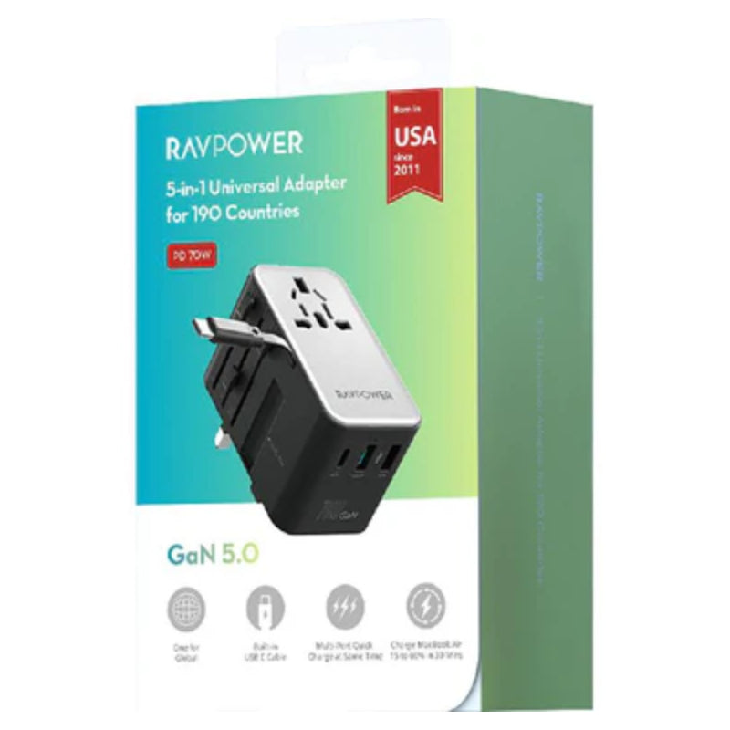 شاحن  RAVPower GaN Travelمع كابل  70 واط / يو اس بي/ يو اس بي/ أسود