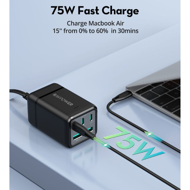 طاقة RAVPowerمنفذ  مع محول  شاحن  مع محول  75 واط / يو اس بي/ يو اس بي/ أسود