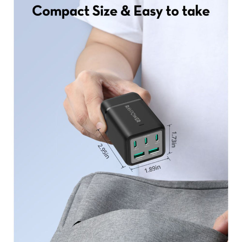 طاقة RAVPowerمنفذ  مع محول  شاحن  مع محول  75 واط / يو اس بي/ يو اس بي/ أسود