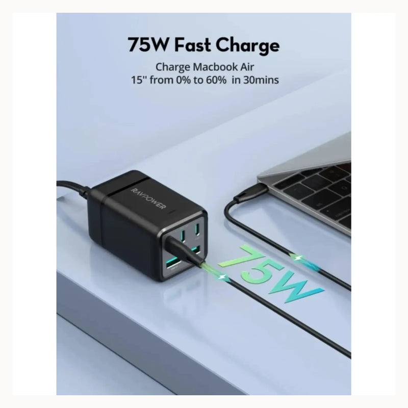 شاحن المحمولة  RAVPowerمنفذ شاحن  75 واط / يو اس بي/ يو اس بي/ أسود