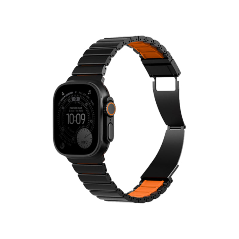Uniq Strova Flex Self-Adjustable Steel Link Band for Apple Watch 49/46/45/44mm - Midnight Black/Volt Orange