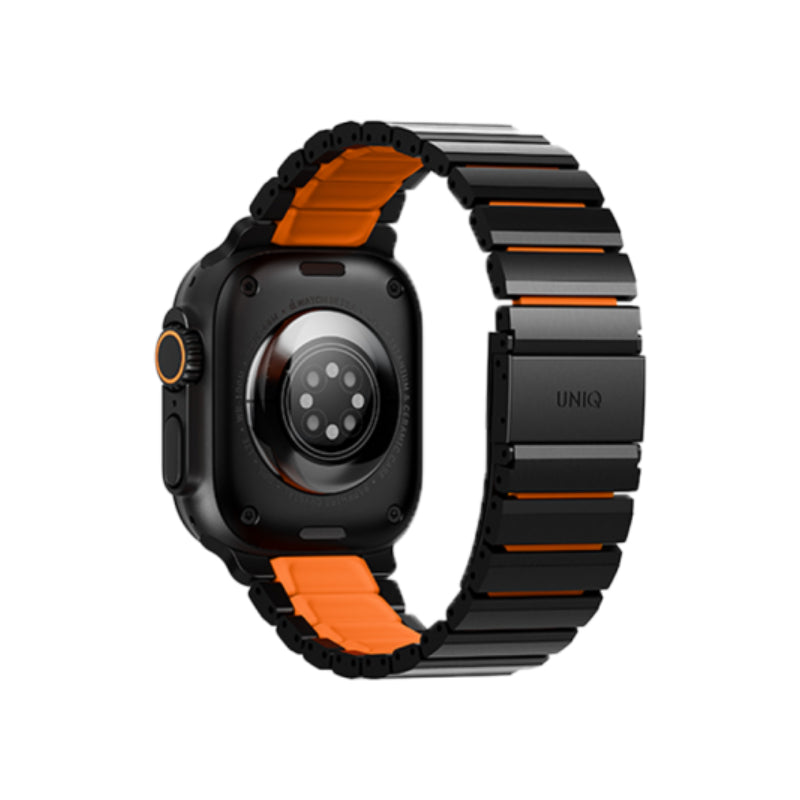 Uniq Strova Flex Self-Adjustable Steel Link Band for Apple Watch 49/46/45/44mm - Midnight Black/Volt Orange
