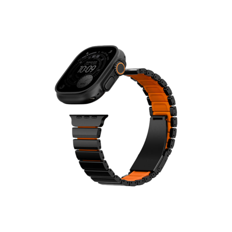 Uniq Strova Flex Self-Adjustable Steel Link Band for Apple Watch 49/46/45/44mm - Midnight Black/Volt Orange