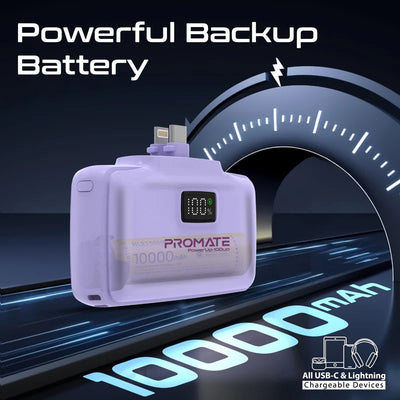 PROMATE PowerUp-10Duo Ultra-Compact Fast Charging Power Bank - 20W / USB-C / Lightning / Purple