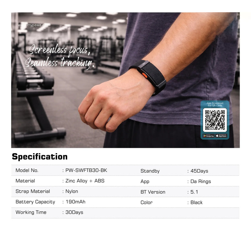 ذكي اللياقة البدنية ذكي Pawa SprintFit بدون شاشة - 190 مللي أمبير / بلوتوث  أسود