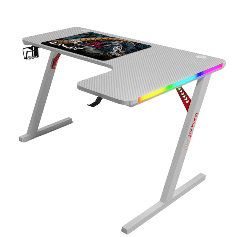 Gamax P201-RW RGB Carbon Fiber Gaming Table (L-Shaped) with MousePad - Right / White
