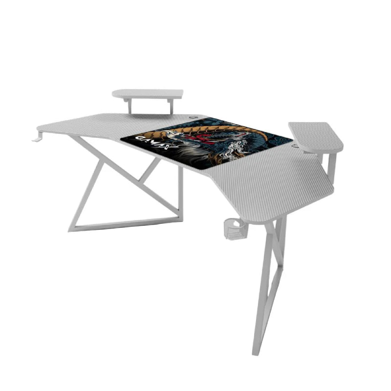 Gamax D2204W Curved Carbon Fiber Gaming Table with Multi Level Shelves & Mousepad - White