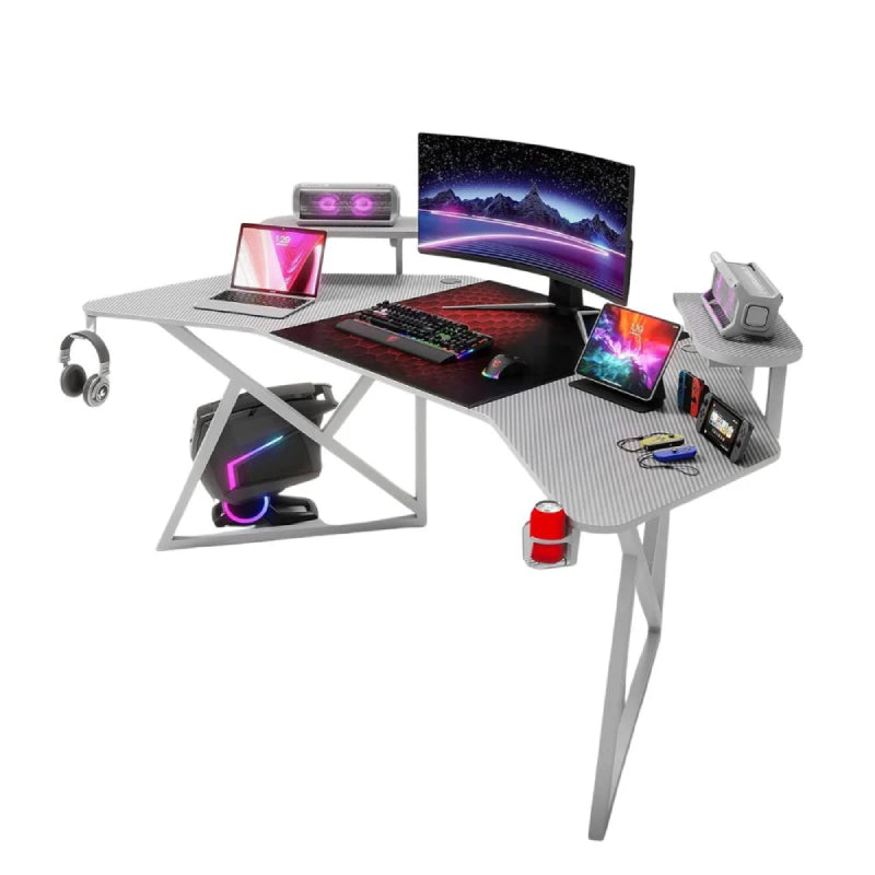 Gamax D2204W Curved Carbon Fiber Gaming Table with Multi Level Shelves & Mousepad - White