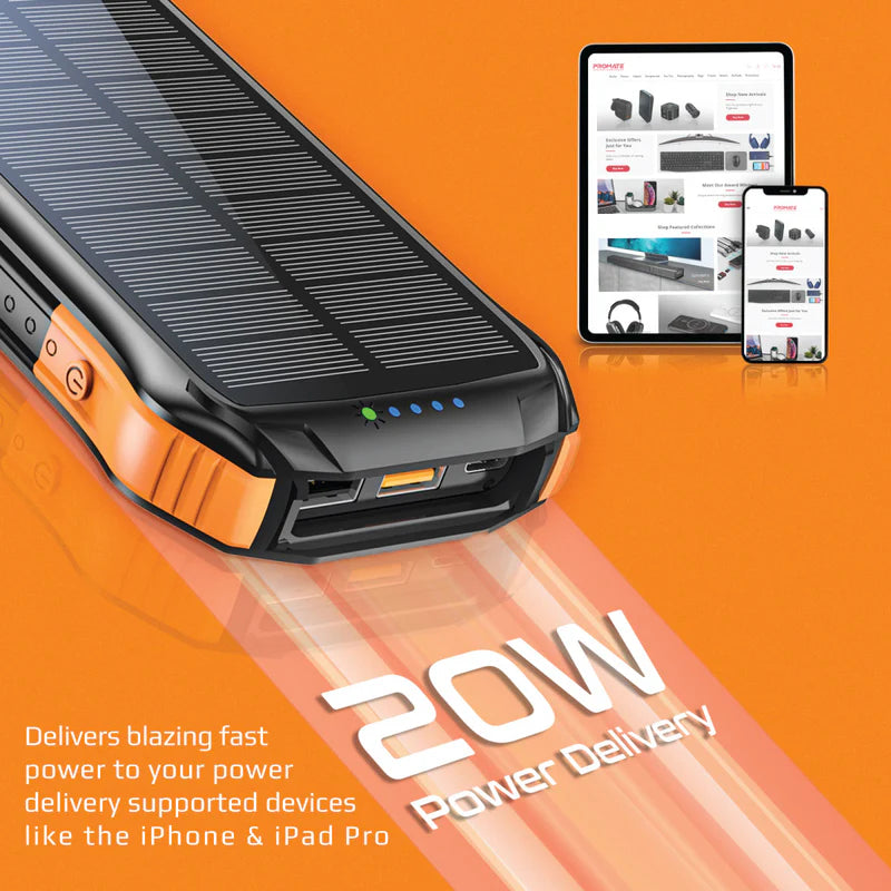 PROMATE SolarTank-10PDQi Rugged EcoLight Solar Power Bank - 10000mAh / USB-A / USB-C