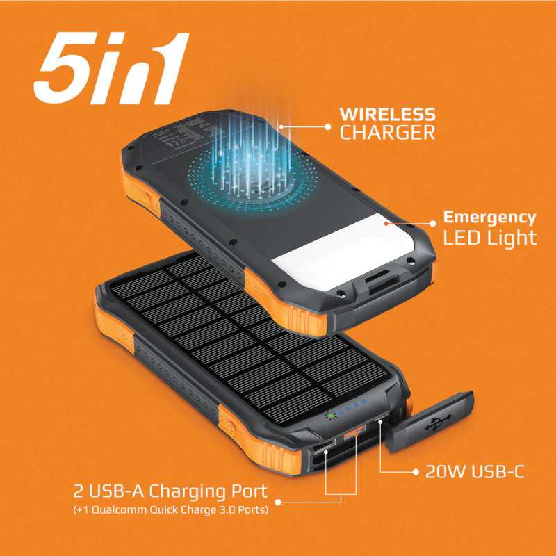PROMATE SolarTank-10PDQi Rugged EcoLight Solar Power Bank - 10000mAh / USB-A / USB-C