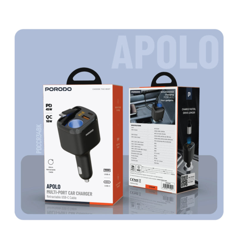 Porodo Apolo Multi-Port Car Charger - USB-C / USB-A / Black