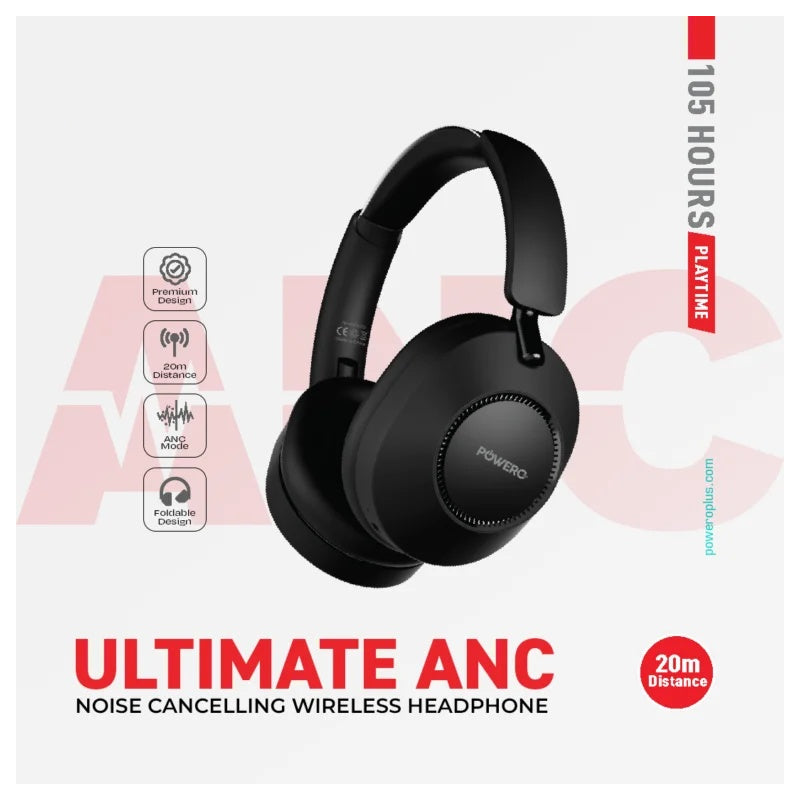 PowerO+ Ultimate ANC Noise Cancelling Wireless Headphone - 1000mAh / Bluetooth / Black